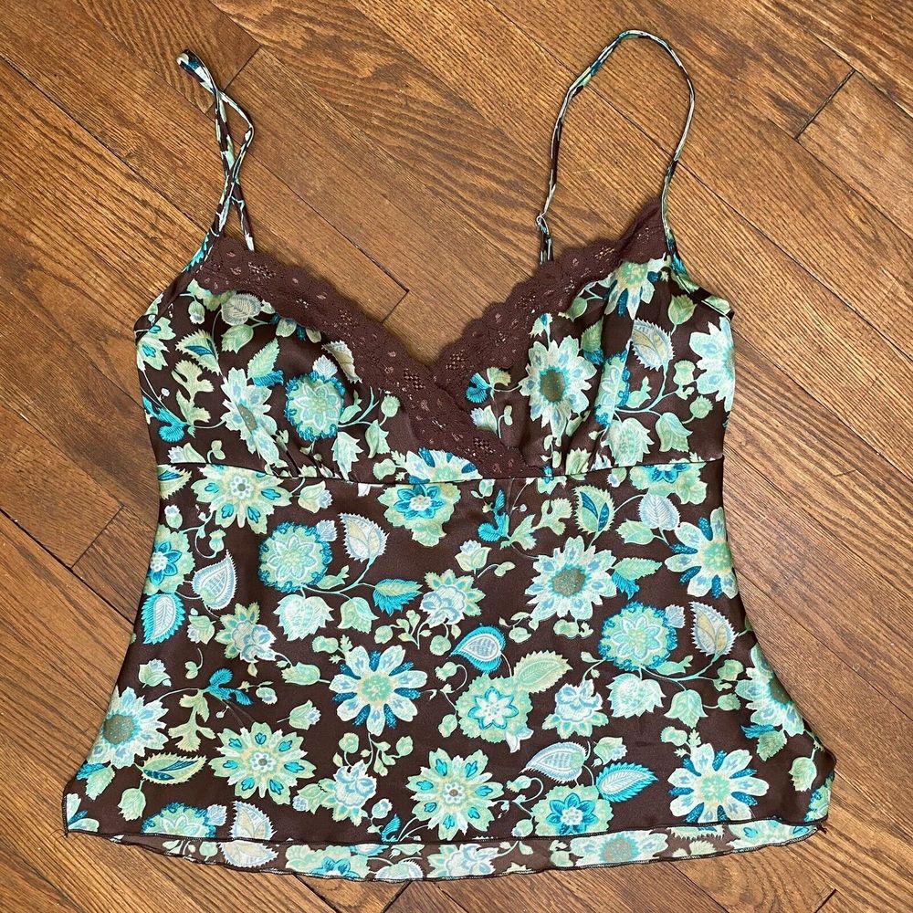 Silk Satin Tank Top Vintage 90s Women’s Medium Floral Made In USA